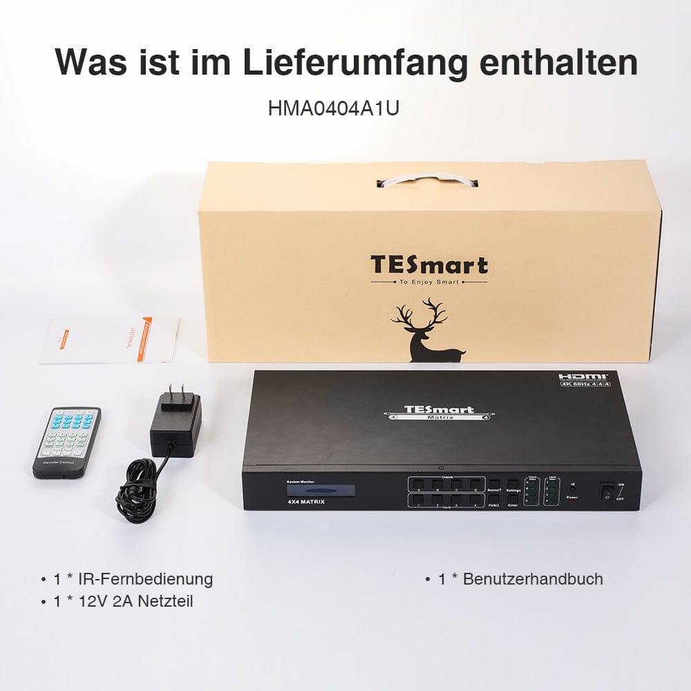 TESmart HDMI Matrix 4x4 4K HDMI-Matrix-Switch mit Audioausgang und RS232/LAN-Steuerung HDMI Matrix switch 4X4 4K 60hz HDCP RS232/LAN steuern TESmart