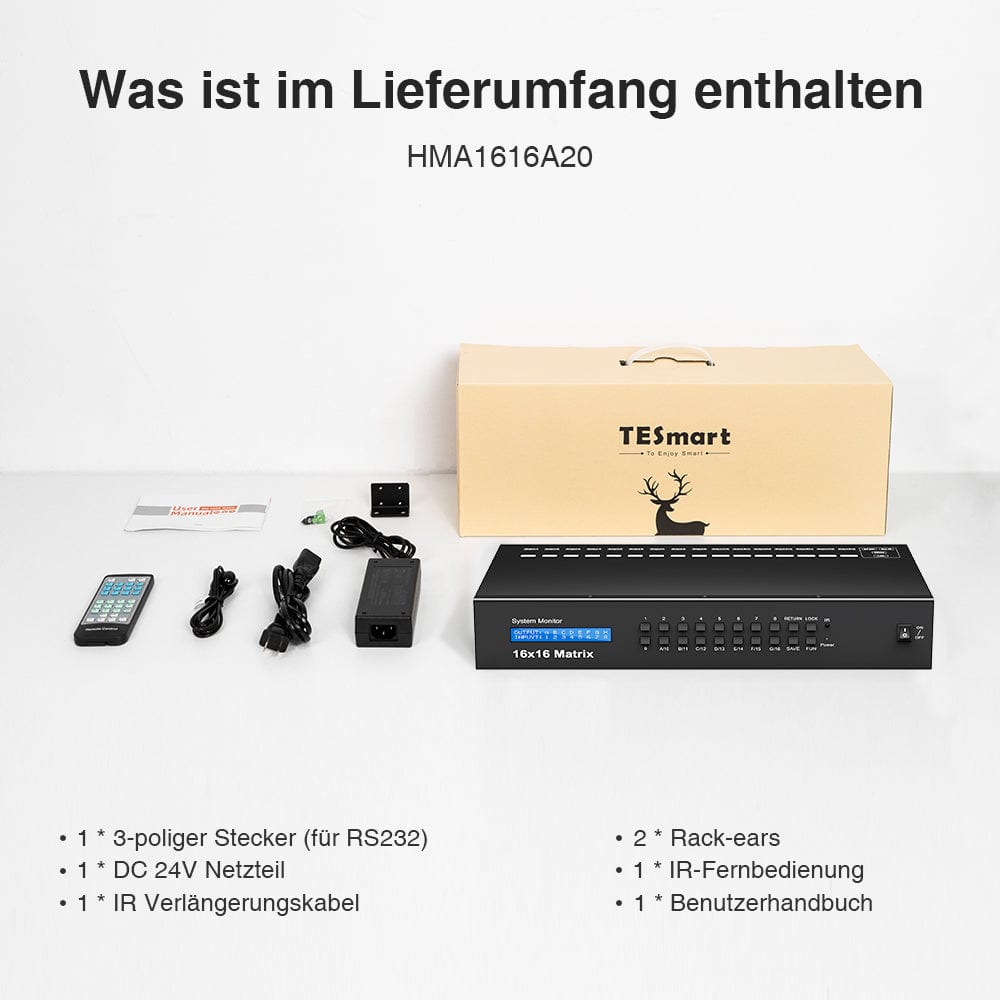 TESmart HDMI Matrix TESmart HDMI-Matrix 16-Port 4K@30Hz unterstützt HDCP1.4, mit EDID 16X16 HDMI Matrix switch 4K,HDCP HDR RS232/LAN steuern TESmart
