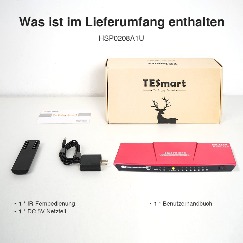 TESmart HDMI Splitter 2x8 HDMI Splitter 4K 60Hz für DVD Player TV Box HDMI Splitter  2 in 8 out Unterstützung  4K 60Hz HDR HDCP 2.2 -TESmart