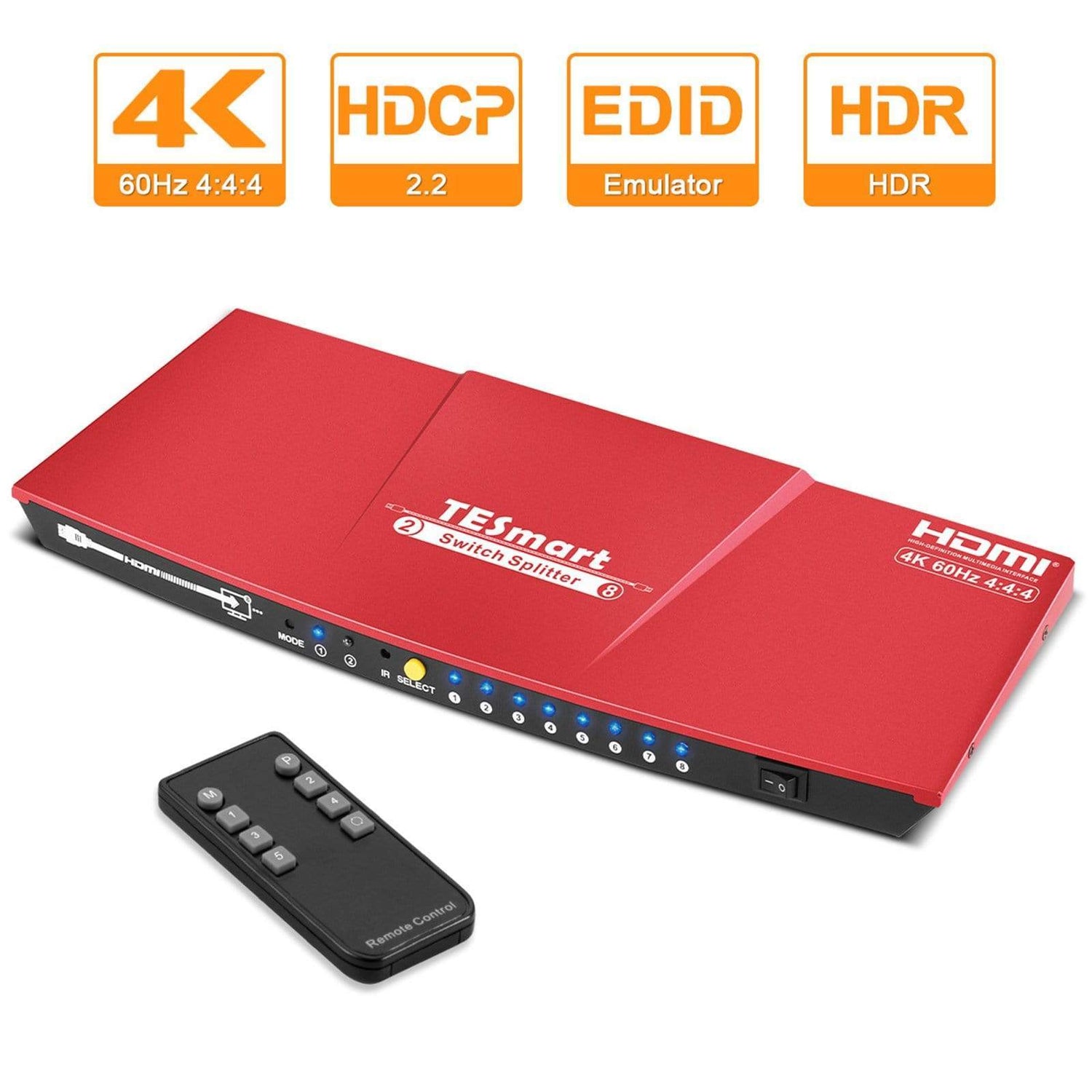 TESmart HDMI Splitter 2x8 HDMI Splitter 4K 60Hz für DVD Player TV Box HDMI Splitter  2 in 8 out Unterstützung  4K 60Hz HDR HDCP 2.2 -TESmart