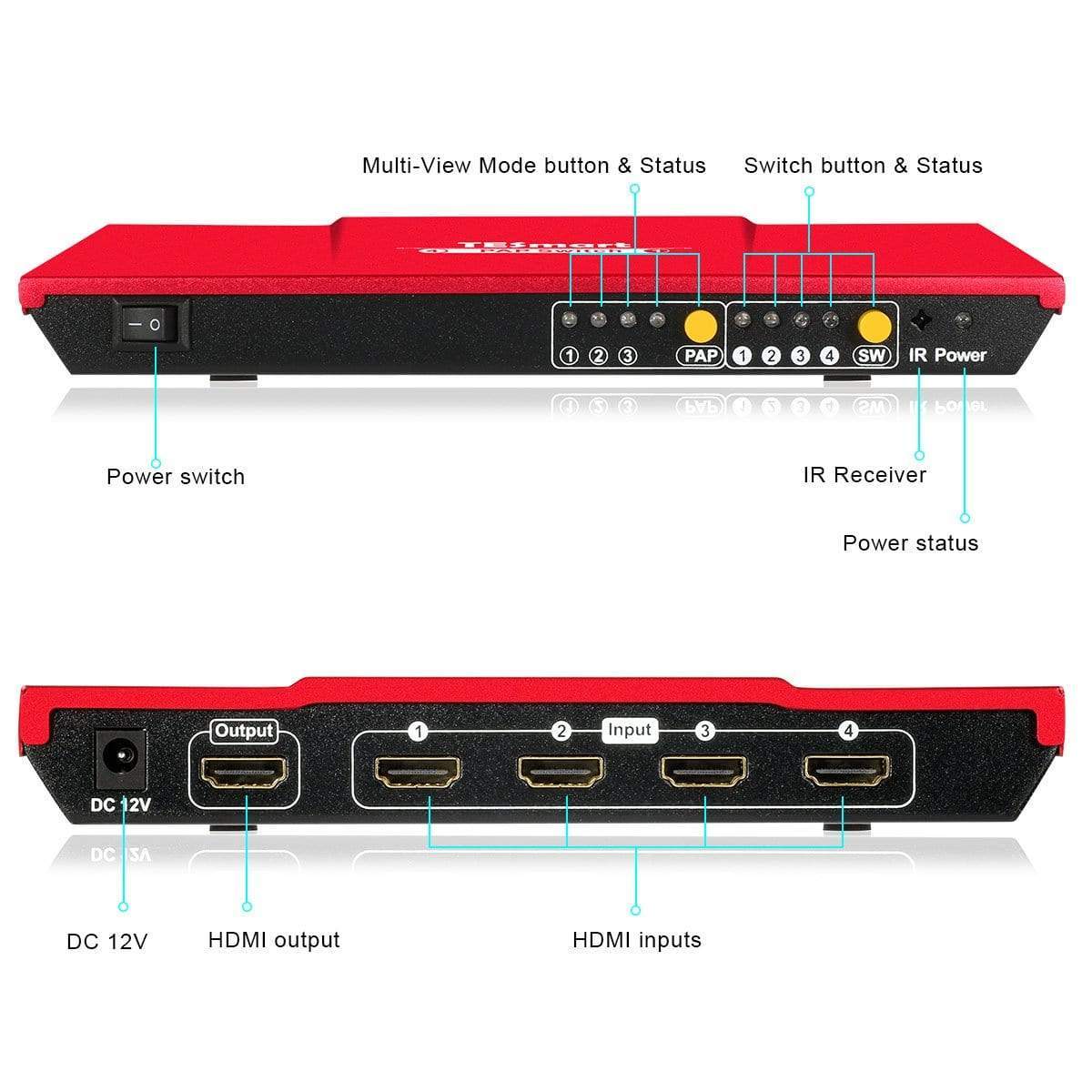 TESmart HDMI Switch 4 Port HDMI Switch 1080P@60Hz Multi Viewer und nahtloses Umschalten 4 in 1 Out Seamless HDMI Switch,Multi-View1080p@60Hz,IR-Fernbedienung