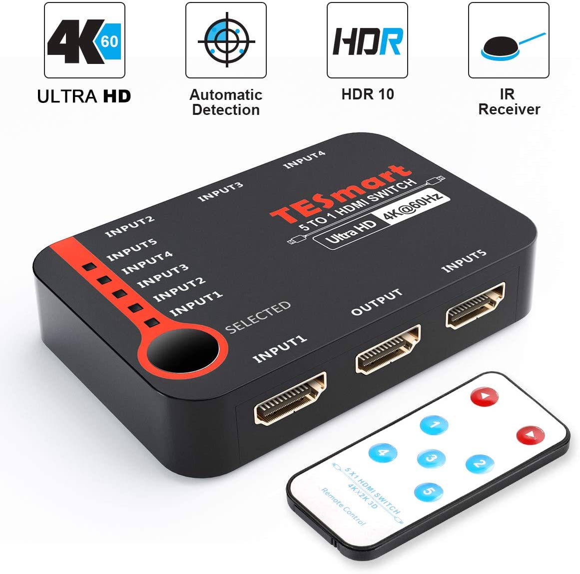 TESmart HDMI Switch 5 Port HDMI Switch 4K 60Hz Support Auto Scan und HDR 4K Switch 5 Port mit IR-Fernbedienung für Blu-ray, Media Player TESmart