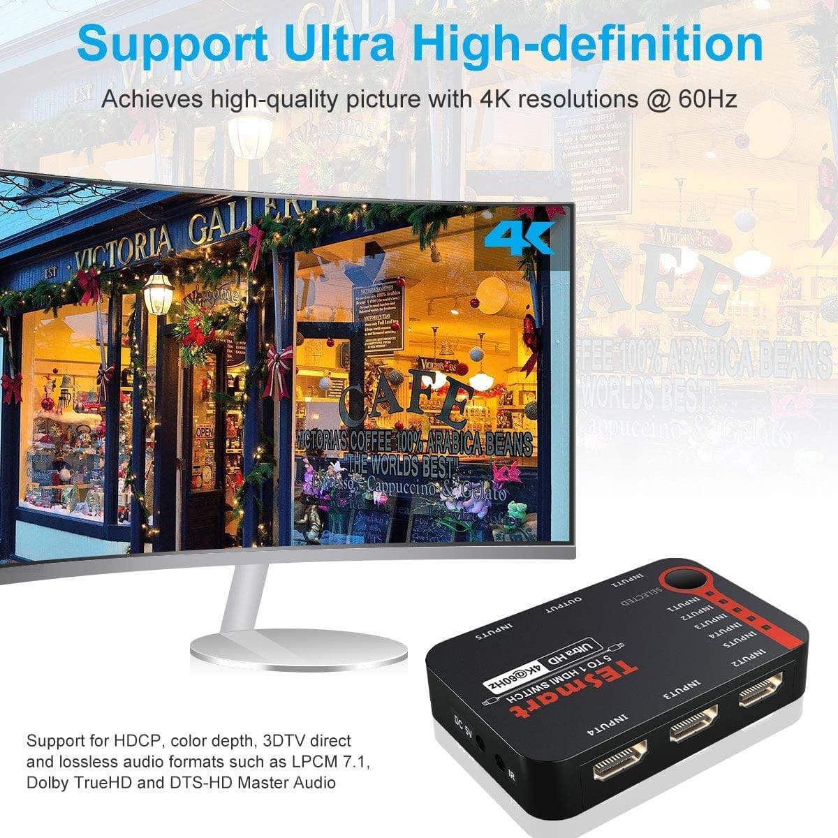 TESmart HDMI Switch 5 Port HDMI Switch 4K 60Hz Support Auto Scan und HDR 4K Switch 5 Port mit IR-Fernbedienung für Blu-ray, Media Player TESmart