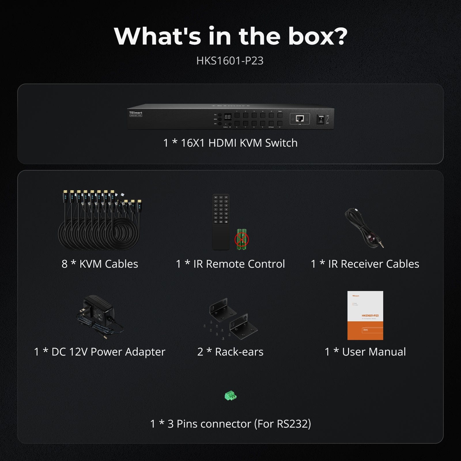 TESmart HKS1601-P23-EUBK KVM Switch Verbesserter 16-Port HDMI KVM Switch mit USB 3.0 (5Gbps), 4K60Hz und RS232/LAN-Steuerung 10652805090891 HDMI KVM Switch 16 Port 4K60Hz Autoscan, Rackmount, RS232 TESmart Updated / EU Plug
