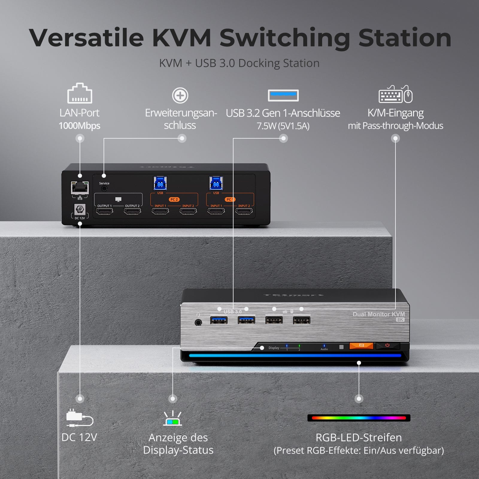 TESmart HKS202-M24-EUBK Dual Monitor KVM Switch HDMI 2.1 Dual 4K144Hz KVM Switch Gaming Dock für 2 PCs & 2 Monitore, mit ADI-Chip, EDID, VRR, FVA, ALLM und dynamischem HDR 10652805090716 HDMI 2.1 Dual 4K144Hz KVM Dock für 2 PCs & 2 Monitore, ADI-Chip, EDID, VRR, HDR EU Plug