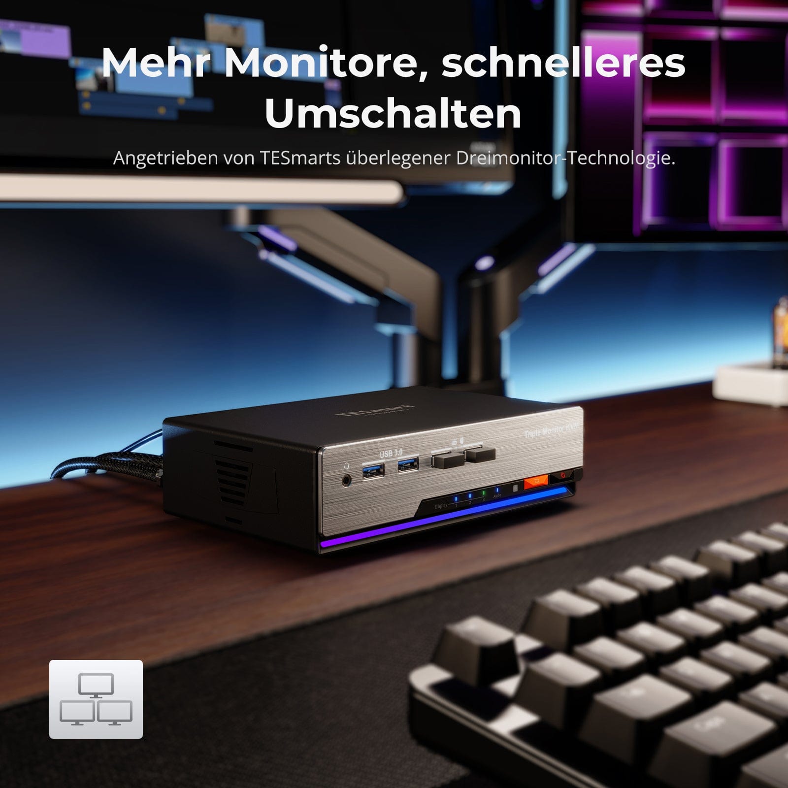 TESmart HKS203-P24-EUBK Drei Monitor KVM Switcher Triple 4K60Hz HDMI KVM Switch Gaming Dock für 2 PCs & 3 Monitore, mit EDID 10652805090693 EU Plug