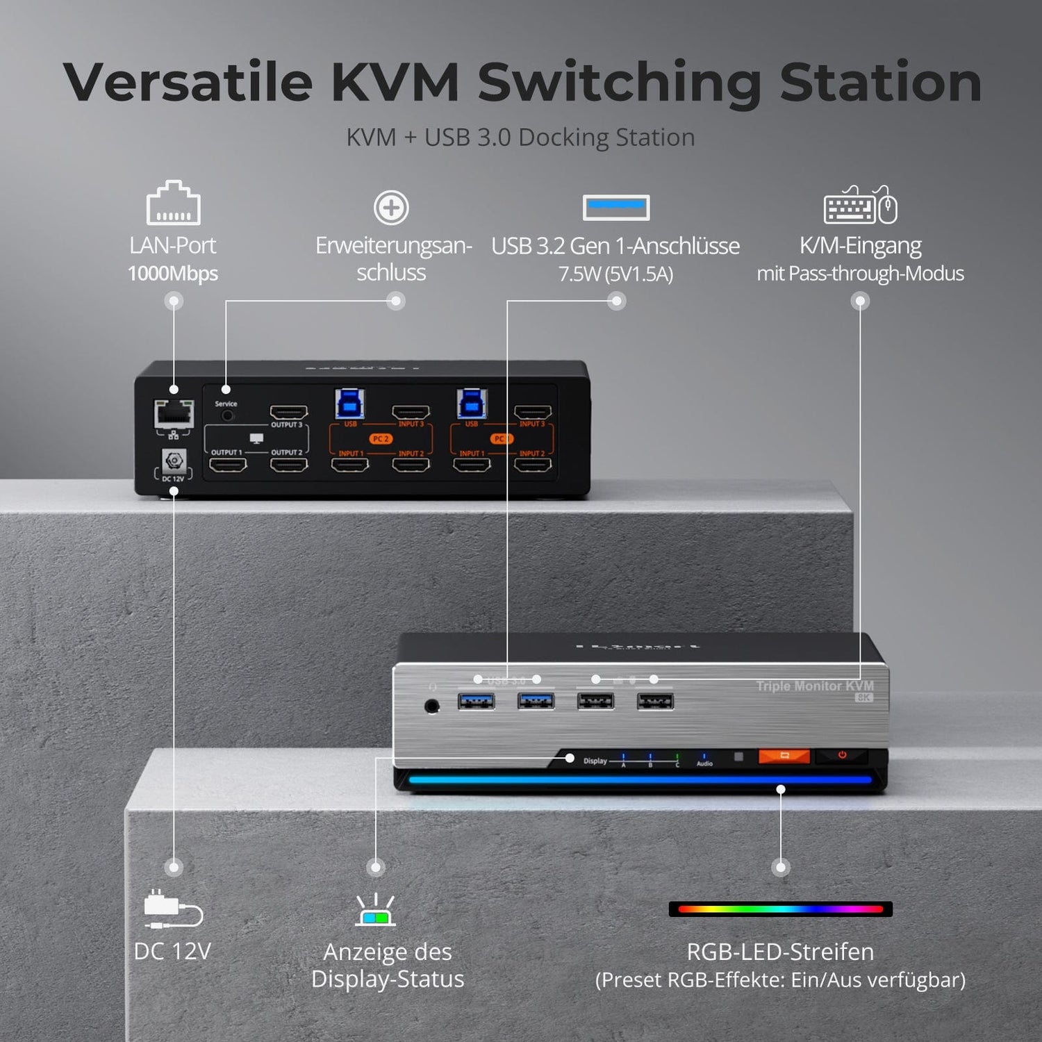 TESmart HKS203-P24-EUBK Drei Monitor KVM Switcher Triple 4K60Hz HDMI KVM Switch Gaming Dock für 2 PCs & 3 Monitore, mit EDID 10652805090693 EU Plug
