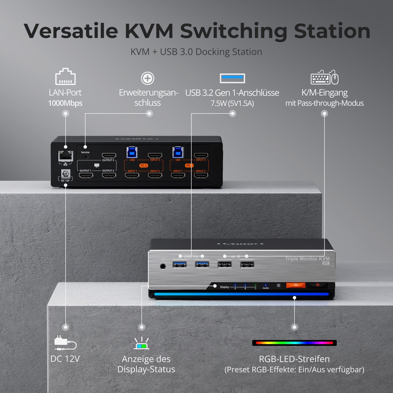 TESmart HKS203-P24-EUBK Drei Monitor KVM Switcher Triple 4K60Hz HDMI KVM Switch Gaming Dock für 2 PCs & 3 Monitore, mit EDID 10652805090693 EU Plug