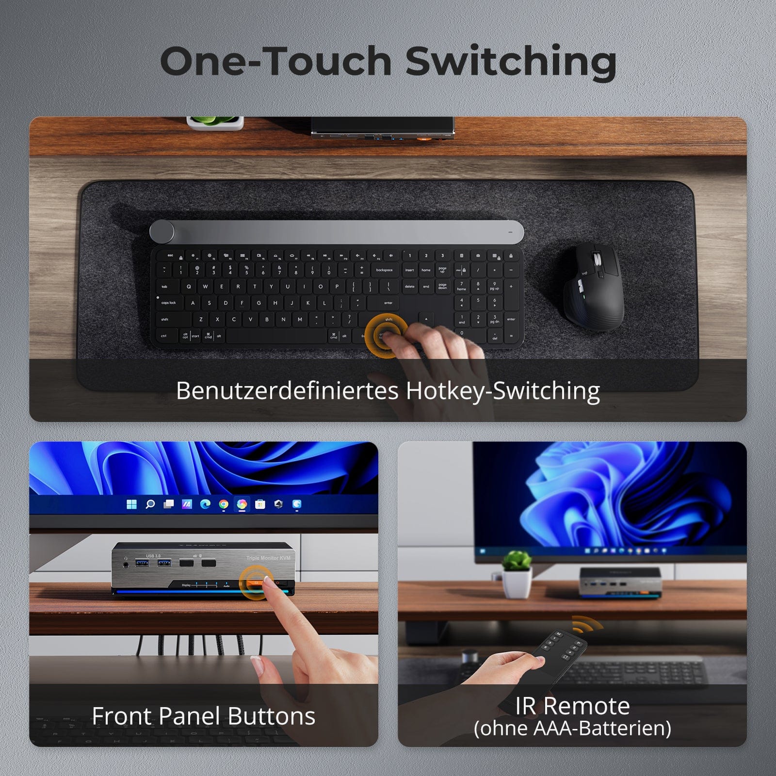 TESmart HKS203-P24-EUBK Drei Monitor KVM Switcher Triple 4K60Hz HDMI KVM Switch Gaming Dock für 2 PCs & 3 Monitore, mit EDID 10652805090693 EU Plug
