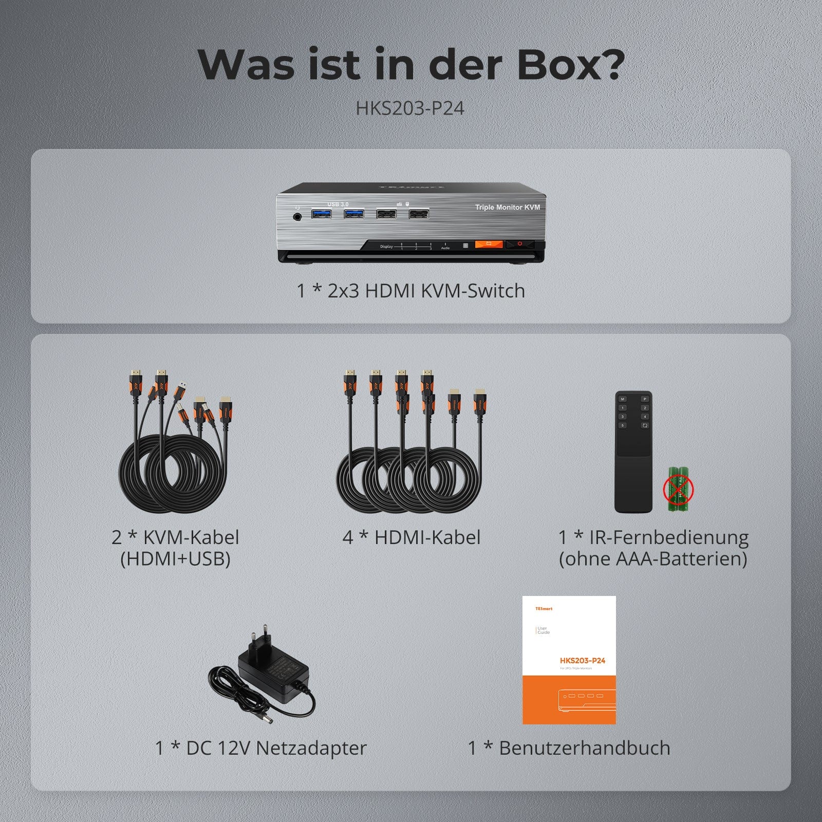TESmart HKS203-P24-EUBK Drei Monitor KVM Switcher Triple 4K60Hz HDMI KVM Switch Gaming Dock für 2 PCs & 3 Monitore, mit EDID 10652805090693 EU Plug