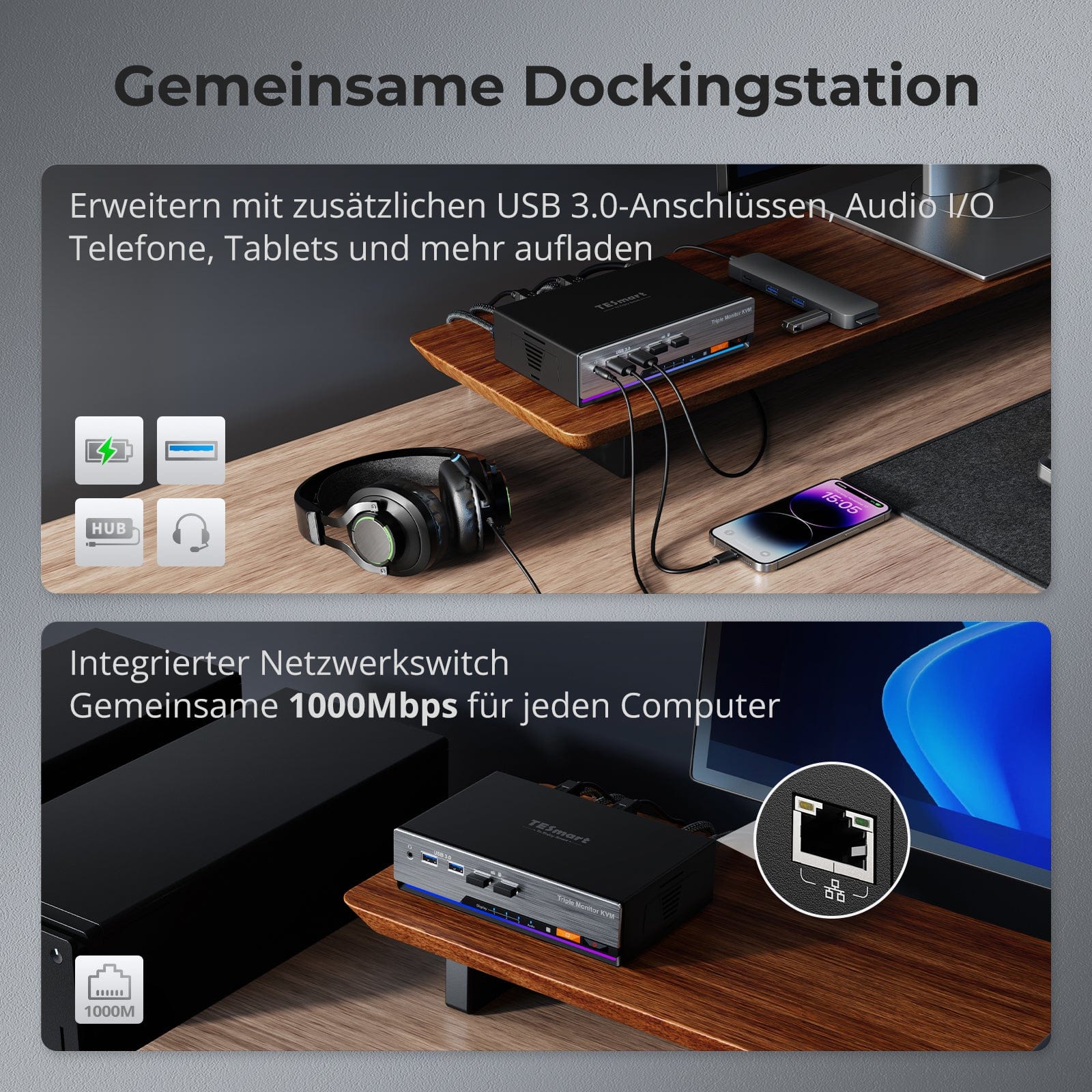 TESmart HKS203-P24-EUBK Drei Monitor KVM Switcher Triple 4K60Hz HDMI KVM Switch Gaming Dock für 2 PCs & 3 Monitore, mit EDID 10652805090693 EU Plug