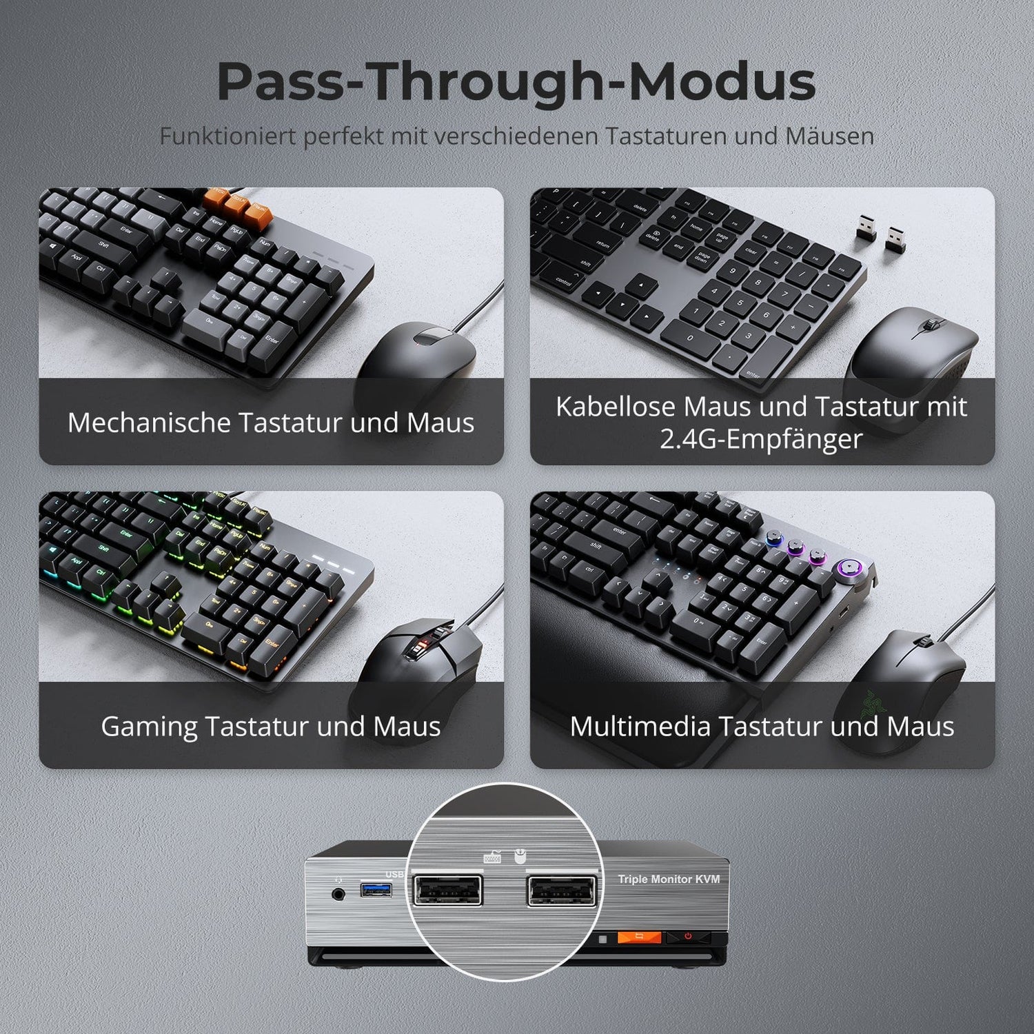 TESmart HKS203-P24-EUBK Drei Monitor KVM Switcher Triple 4K60Hz HDMI KVM Switch Gaming Dock für 2 PCs & 3 Monitore, mit EDID 10652805090693 EU Plug
