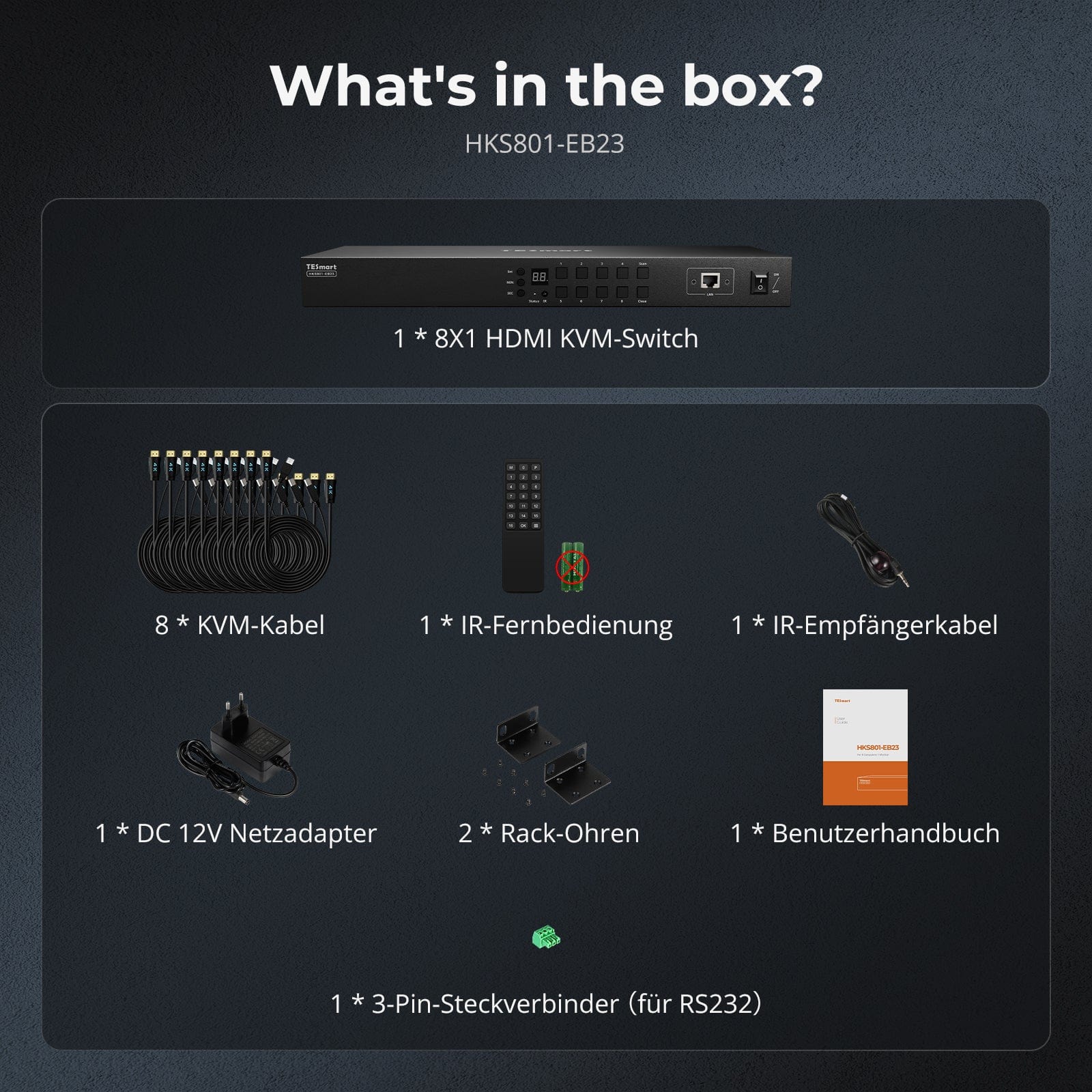 TESmart HKS801-EB23-EUBK KVM Switch 8-Port HDMI KVM Switch 4K30Hz mit Unterstützung für RS232/LAN, verbessert für erweiterte Kompatibilität und Stabilität 10652805090860 HDMI KVM Switch 8 Port 4K Autoscan, Rackmount, RS232 TESmart