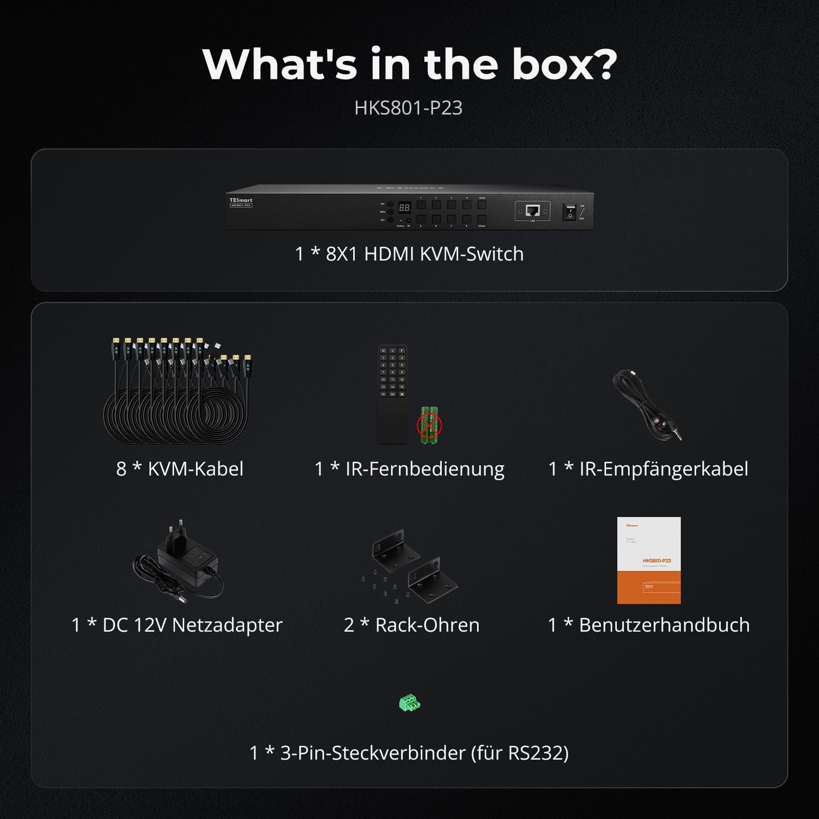 TESmart HKS801-P23-EUBK KVM Switch Verbesserter 8-Port HDMI KVM Switch mit USB 3.0 (5Gbps), 4K60Hz und RS232/LAN-Steuerung 10652805090884 HDMI KVM Switch 8 port 4K60Hz Autoscan, Rackmount, RS232 TESmart Updated / EU Plug