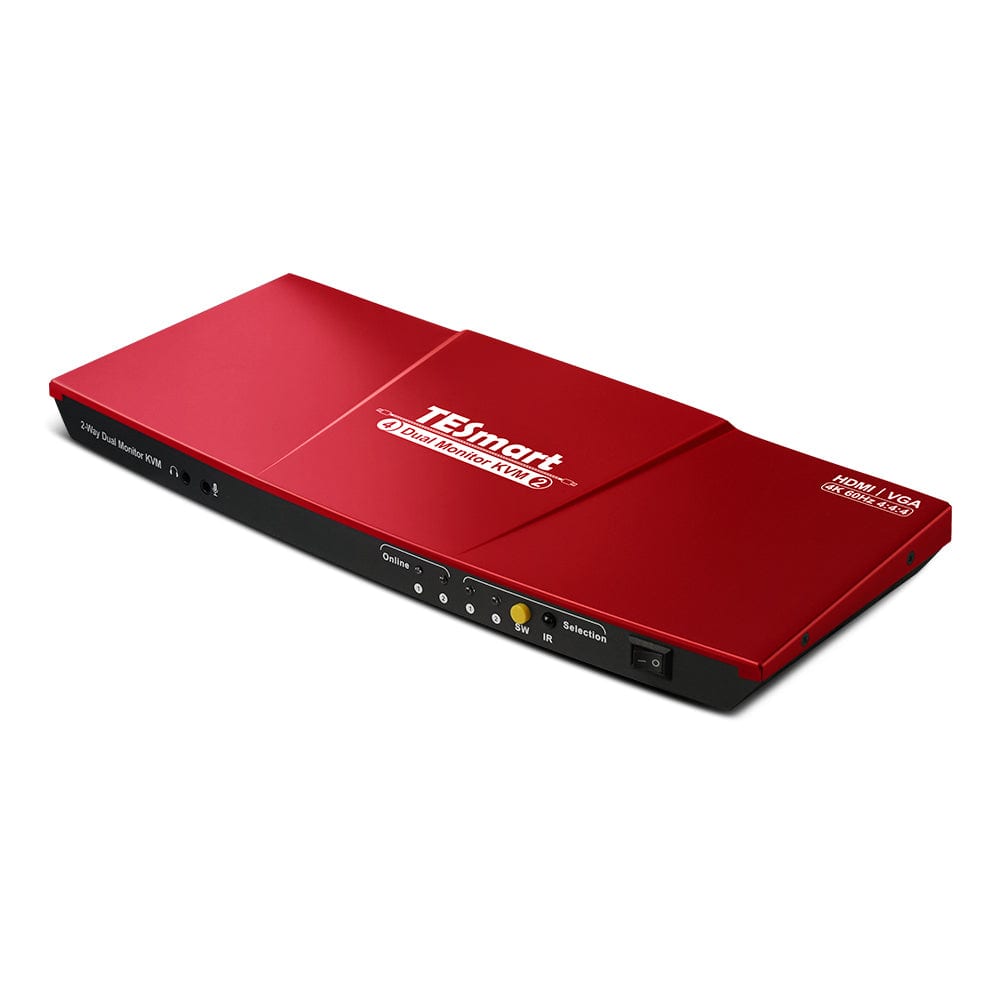 TESmart HKV202-E23-EURD Dual Monitor KVM Switch Dual-Monitor-KVM-Switch mit 2 Anschlüssen, HDMI+VGA 4K60Hz und USB-Hub 10659135227287 Dual Monitor KVM Switch 2 Eingänge 2 Ausgänge HDMI VGA 4K HDCP TESmart EU Plug / Red