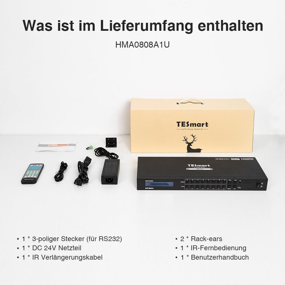 TESmart HMA808-E23-EUBK HDMI Matrix 8x8 HDMI Matrix 4K30Hz/ 4K60Hz Unterstützung RS232/ TCP IP Control 4K HDMI Matrix switch 8X8,HDCP HDR RS232/LAN steuern TESmart EU Plug / HMA0808AIU (4K@60Hz)