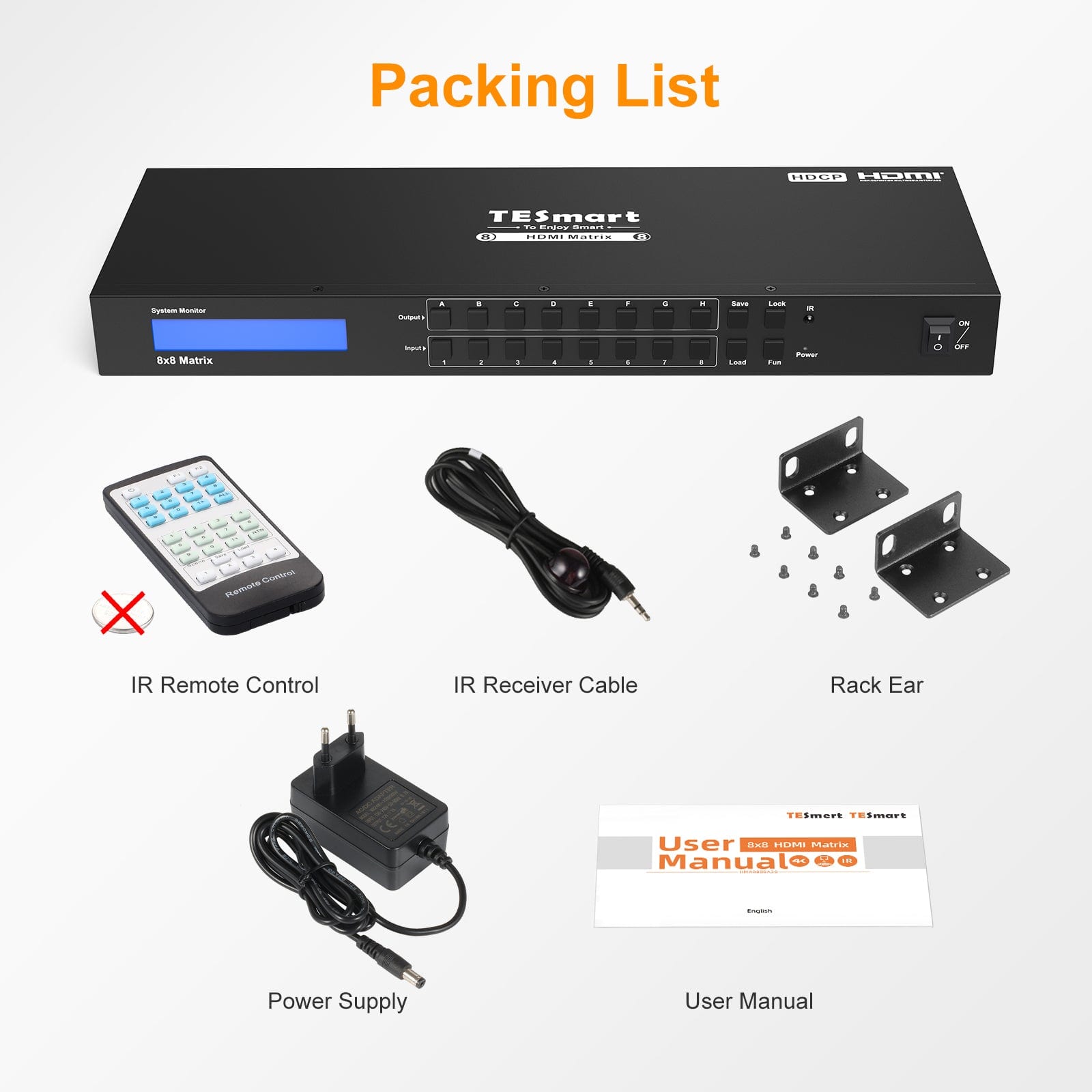 TESmart HMA808-L23-EUBK HDMI Matrix 8x8 HDMI Matrix 4K30Hz/ 4K60Hz Unterstützung RS232/ TCP IP Control 10659135227898 4K HDMI Matrix switch 8X8,HDCP HDR RS232/LAN steuern TESmart EU Plug / HMA0808A30 (4K@30Hz)