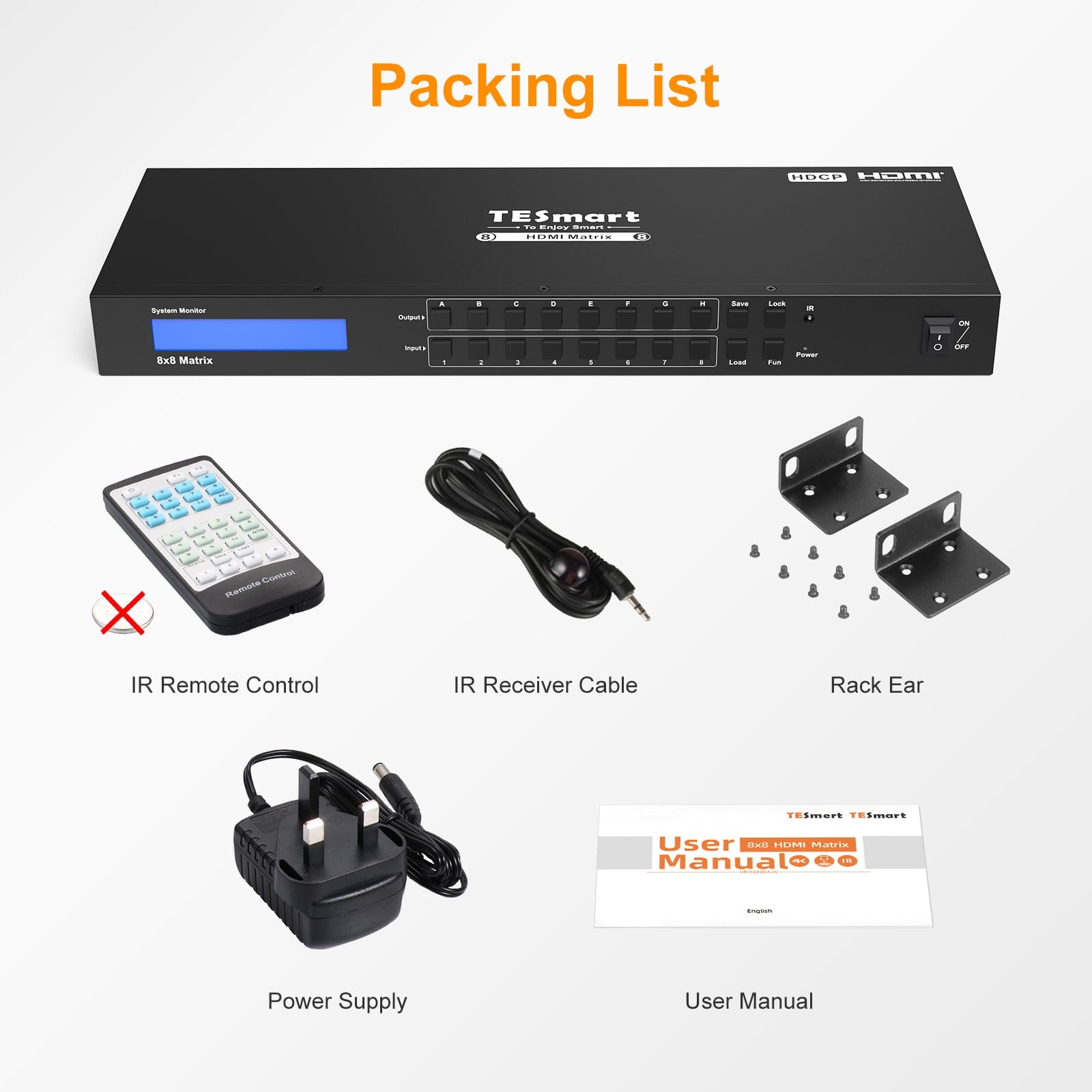 TESmart HMA808-L23-UKBK HDMI Matrix 8x8 HDMI Matrix 4K30Hz/ 4K60Hz Unterstützung RS232/ TCP IP Control 10659135227904 4K HDMI Matrix switch 8X8,HDCP HDR RS232/LAN steuern TESmart UK Plug / HMA0808A30 (4K@30Hz)