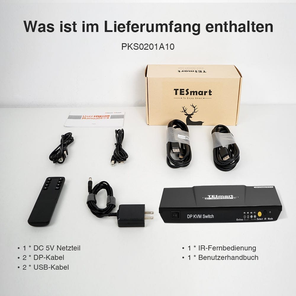 TESmart KVM Switch 2 Port DisplayPort 1.2 KVM Switch 4K60Hz mit USB Hub DP KVM Switch 2 Port 4K60Hz mit EDID,USB hub,L/R Audio TESmart