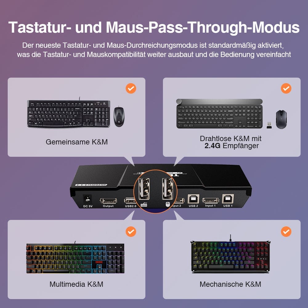 TESmart KVM Switch 2 Port DisplayPort 1.2 KVM Switch 4K60Hz mit USB Hub DP KVM Switch 2 Port 4K60Hz mit EDID,USB hub,L/R Audio TESmart
