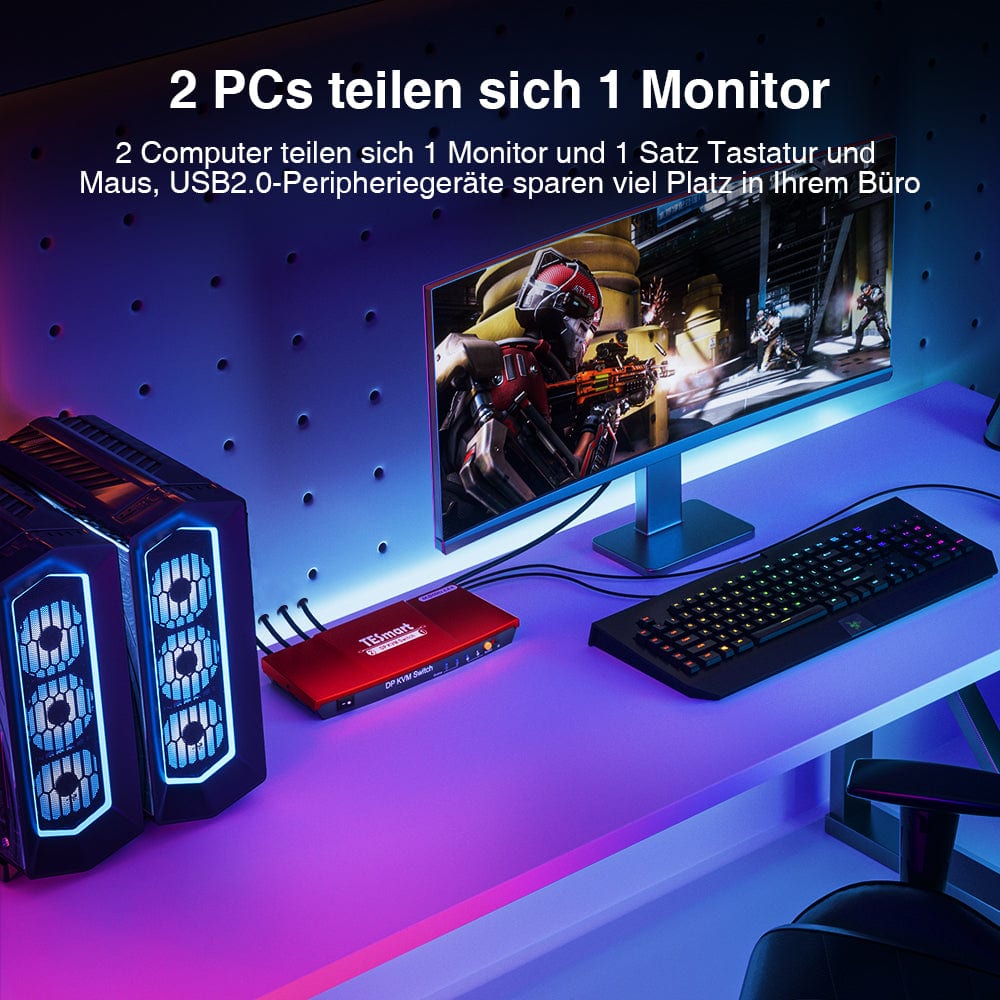 TESmart KVM Switch 2 Port DisplayPort 1.2 KVM Switch 4K60Hz mit USB Hub DP KVM Switch 2 Port 4K60Hz mit EDID,USB hub,L/R Audio TESmart