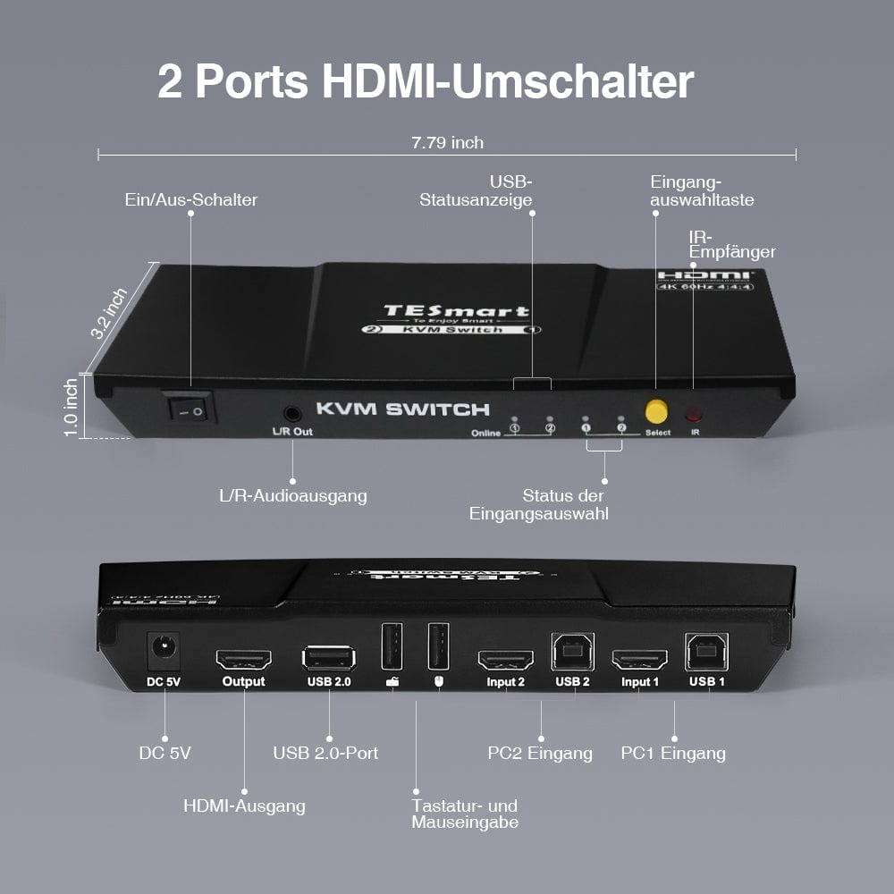 TESmart KVM Switch 2 Port HDMI KVM Switch 4K60Hz Maus Nahtlose Umschaltung HDMI KVM Switch 4K HDR verbinden 2 pc teilen sich USB,Audio TESmart