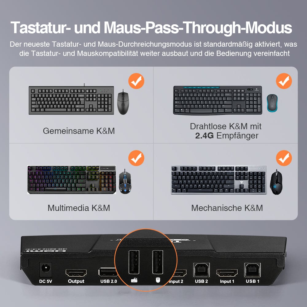 TESmart KVM Switch 2 Port HDMI KVM Switch 4K60Hz Maus Nahtlose Umschaltung HDMI KVM Switch 4K HDR verbinden 2 pc teilen sich USB,Audio TESmart