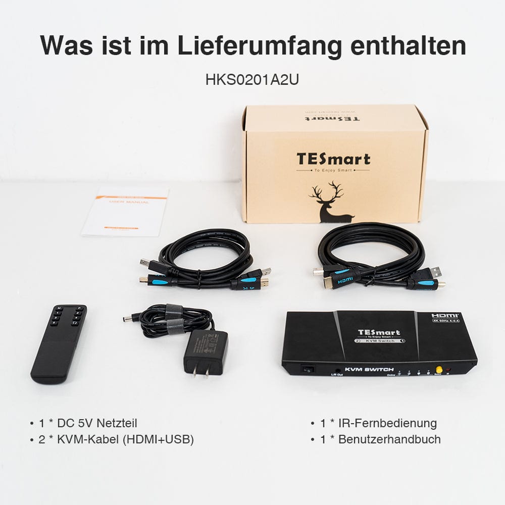 TESmart KVM Switch 2 Port HDMI KVM Switch 4K60Hz Maus Nahtlose Umschaltung HDMI KVM Switch 4K HDR verbinden 2 pc teilen sich USB,Audio TESmart