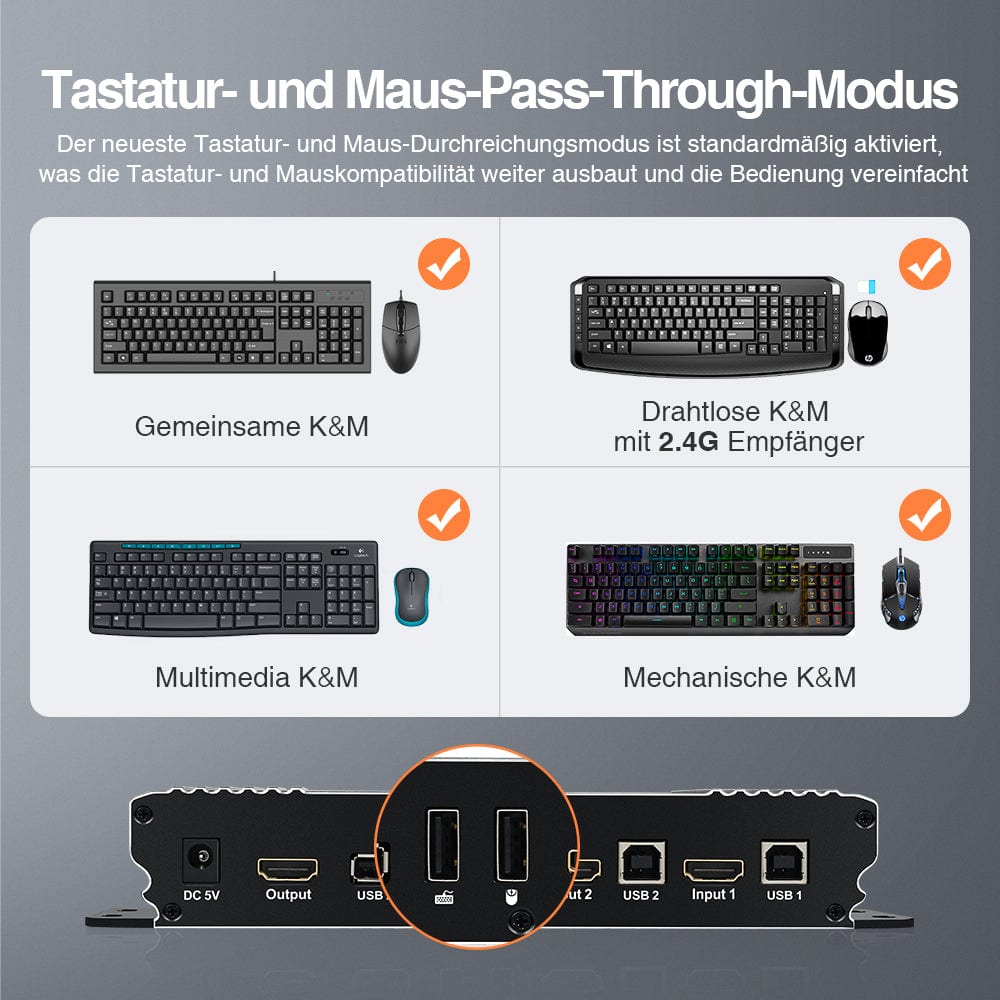 TESmart KVM Switch 2 Port HDMI KVM Switch 4K60Hz mit USB Hub und Audio Out HDMI KVM Switch 2 Port 4K60Hz mit EDID,USB Hub,L/R Audio TESmart