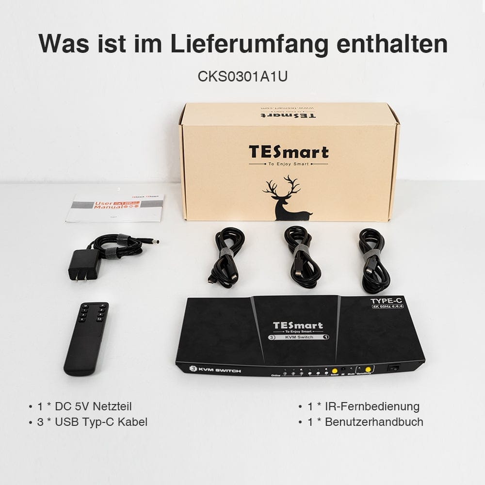 TESmart KVM Switch 3 Port USB-C KVM Switch 4K60Hz mit USB Hub und Audio Port USB-C KVM Switch 3 Port 4K60Hz mit EDID,USB Hub TESmart