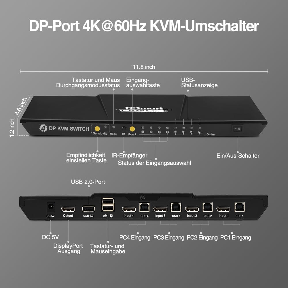 TESmart KVM Switch 4 Port DisplayPort 1.2 KVM Switch 4K60Hz mit USB Hub DP KVM Switch 4K HDR connect 4 pc teilen sich USB,audio TESmart
