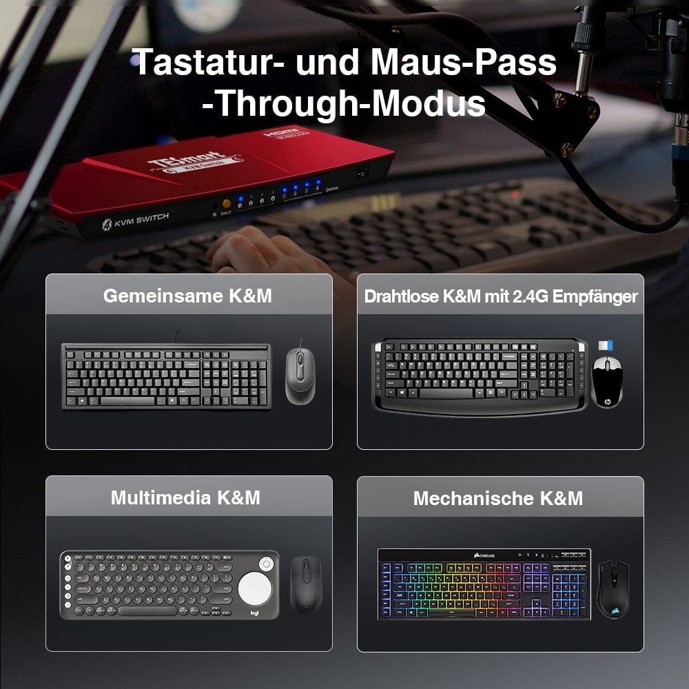 TESmart KVM Switch 4 Port HDMI KVM Switch 4K60Hz Maus Nahtlose Umschaltung HDMI KVM Switch 4 Port 4K60Hz mit EDID,USB hub TESmart
