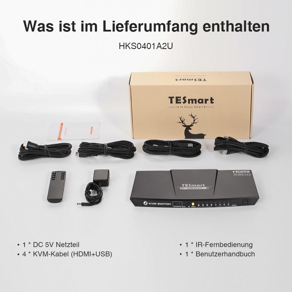 TESmart KVM Switch 4 Port HDMI KVM Switch 4K60Hz Maus Nahtlose Umschaltung HDMI KVM Switch 4 Port 4K60Hz mit EDID,USB hub TESmart