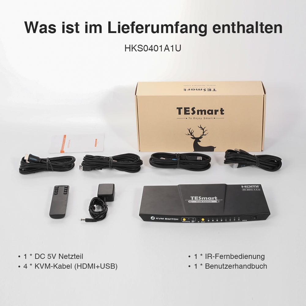 TESmart KVM Switch 4 Port HDMI KVM Switch 4K60Hz Maus Nahtlose Umschaltung HDMI KVM Switch 4 Port 4K60Hz mit EDID,USB hub TESmart