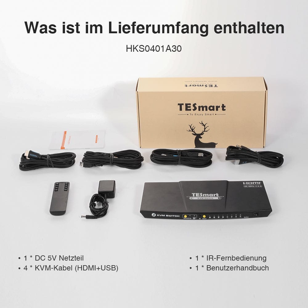 TESmart KVM Switch 4 Port HDMI KVM Switch 4K60Hz Maus Nahtlose Umschaltung HDMI KVM Switch 4 Port 4K60Hz mit EDID,USB hub TESmart