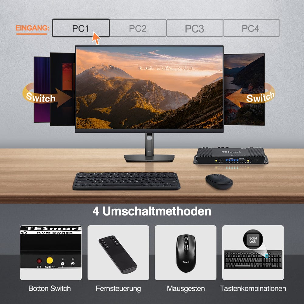 TESmart KVM Switch 4 Port HDMI KVM Switch 4K60Hz mit USB Hub und Audio Out HDMI KVM Switch 4K HDR verbinden 4 pc teilen sich USB,Audio TESmart