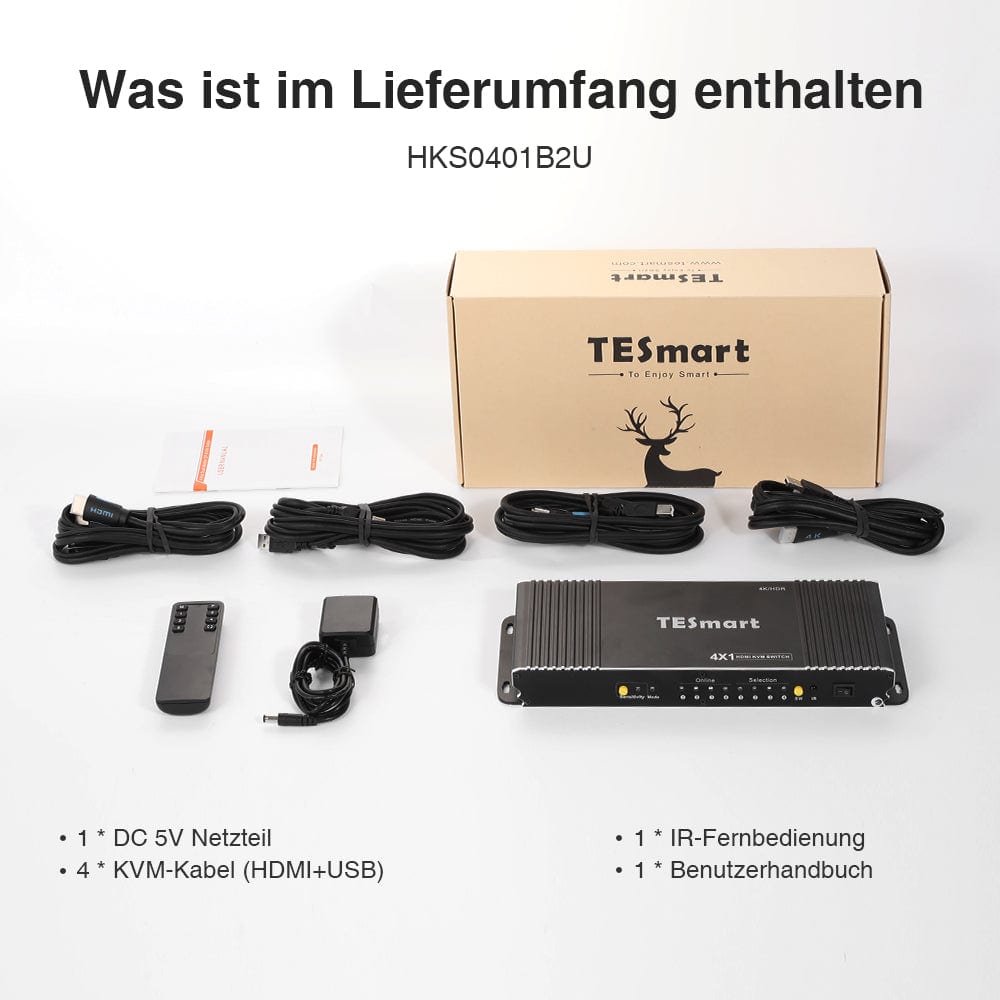 TESmart KVM Switch 4 Port HDMI KVM Switch 4K60Hz mit USB Hub und Audio Out HDMI KVM Switch 4K HDR verbinden 4 pc teilen sich USB,Audio TESmart