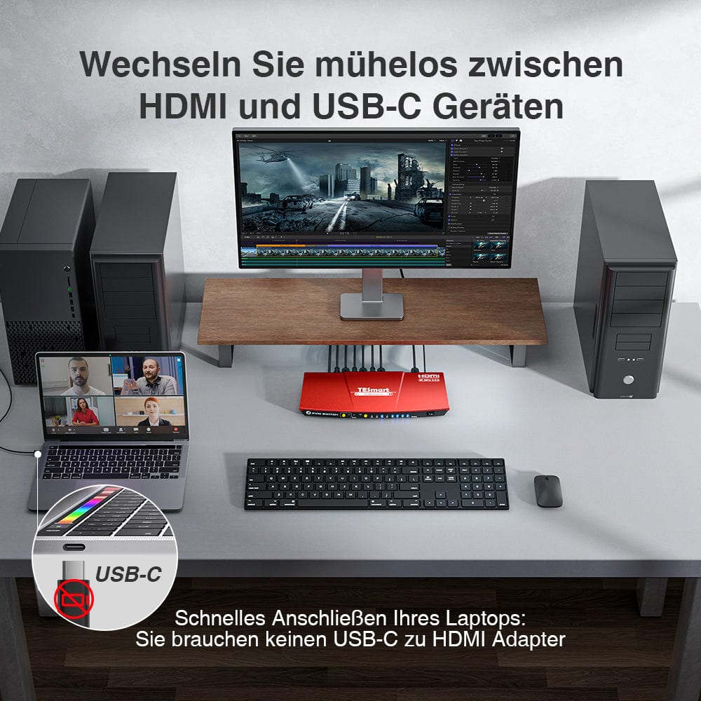 TESmart KVM Switch 4 Ports USB-C KVM Umschalter 4K60Hz HDMI & 3 HDMI + 1 Typ-C KVM Switch USB-C HDMI 4 Port 4K60Hz mit EDID,USB Hub TESmart