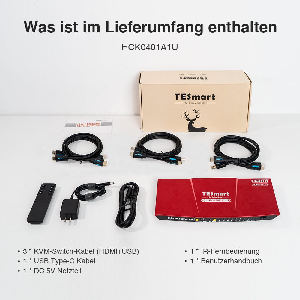 TESmart KVM Switch 4 Ports USB-C KVM Umschalter 4K60Hz HDMI & 3 HDMI + 1 Typ-C KVM Switch USB-C HDMI 4 Port 4K60Hz mit EDID,USB Hub TESmart