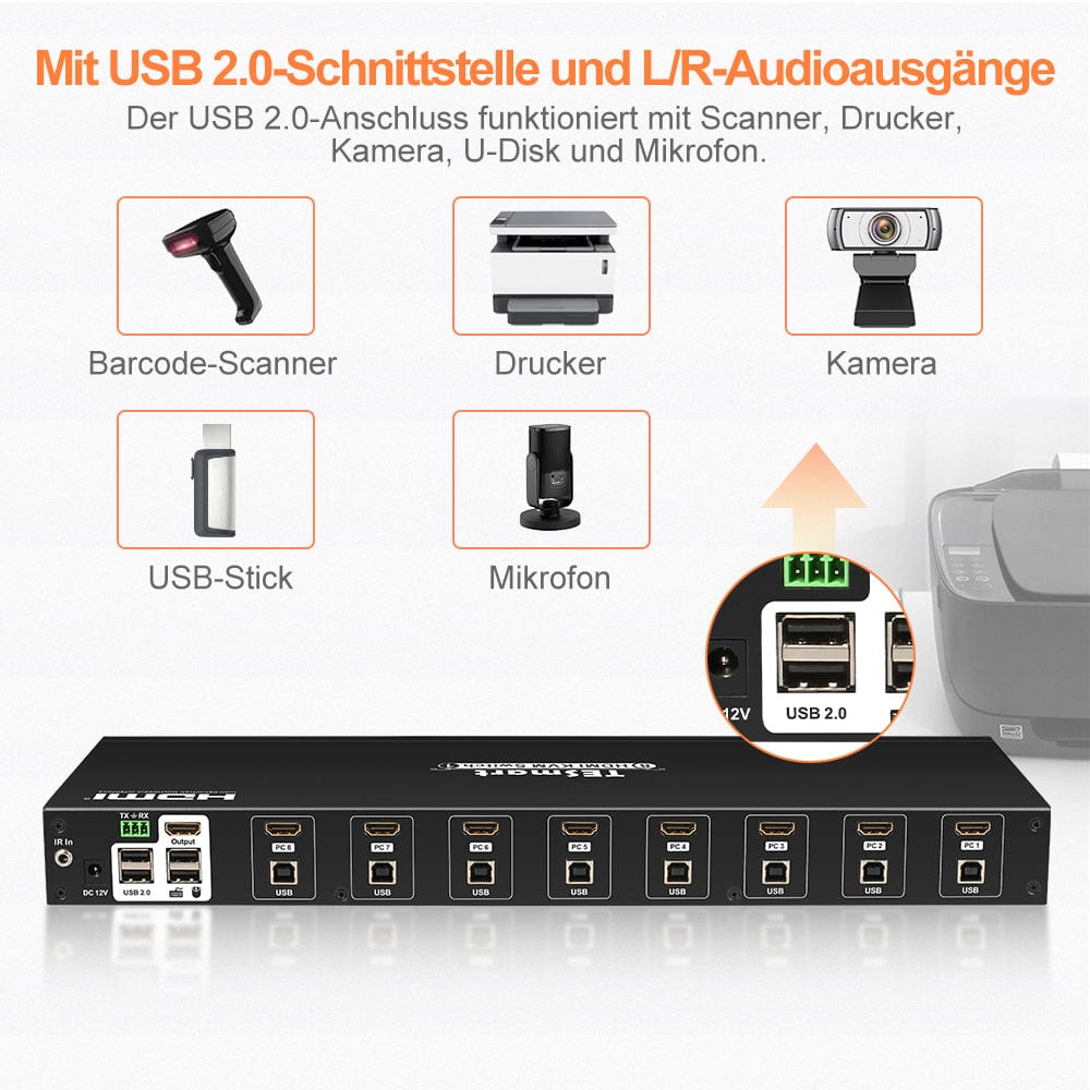 TESmart KVM Switch 8-Port HDMI KVM Switch 4K30Hz mit Unterstützung für RS232/LAN HDMI KVM Switch 8 Port 4K Autoscan, Rackmount, RS232 TESmart