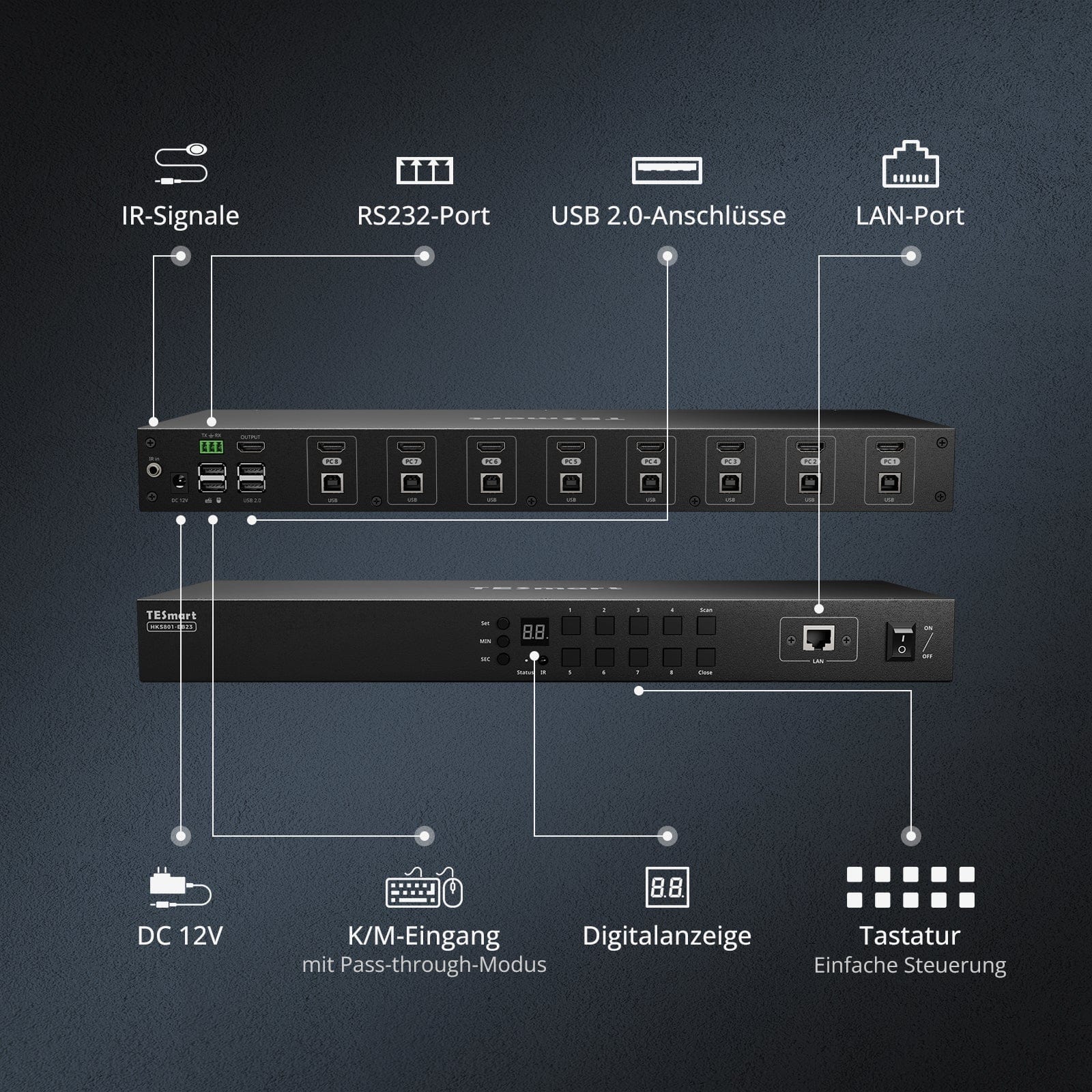 TESmart KVM Switch 8-Port HDMI KVM Switch 4K30Hz mit Unterstützung für RS232/LAN, verbessert für erweiterte Kompatibilität und Stabilität HDMI KVM Switch 8 Port 4K Autoscan, Rackmount, RS232 TESmart