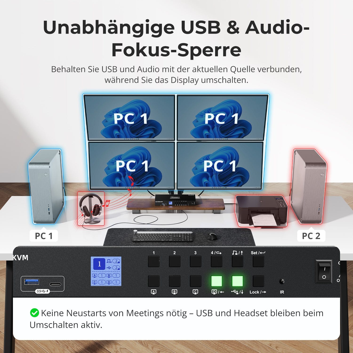 TESmart KVM Switch Quad-Monitor-MST-KVM-Dockingstation-Kit - 4K60Hz, EDID für 4 PCs 4-Port Quad-Monitor DisplayPort KVM-Switch, 4K@60Hz, MST & EDID | TESmart