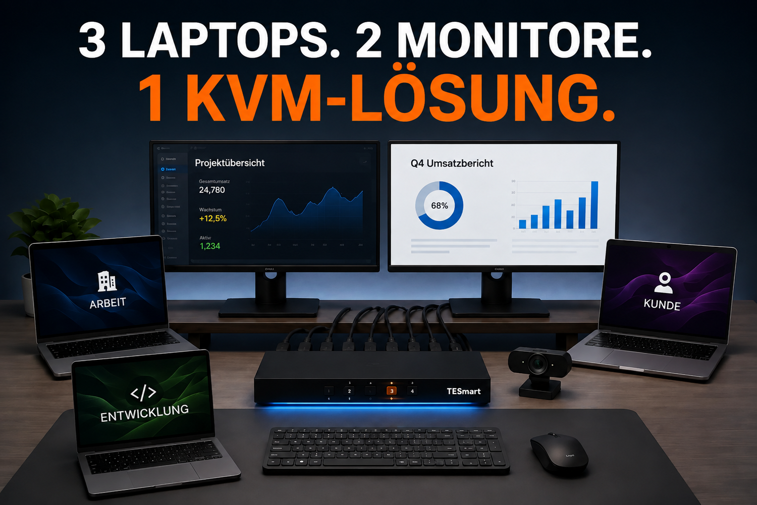 Drei Laptops, zwei Monitore, eine Webcam: So bauen Berater einen effizienten Multi-Laptop-Arbeitsplatz auf