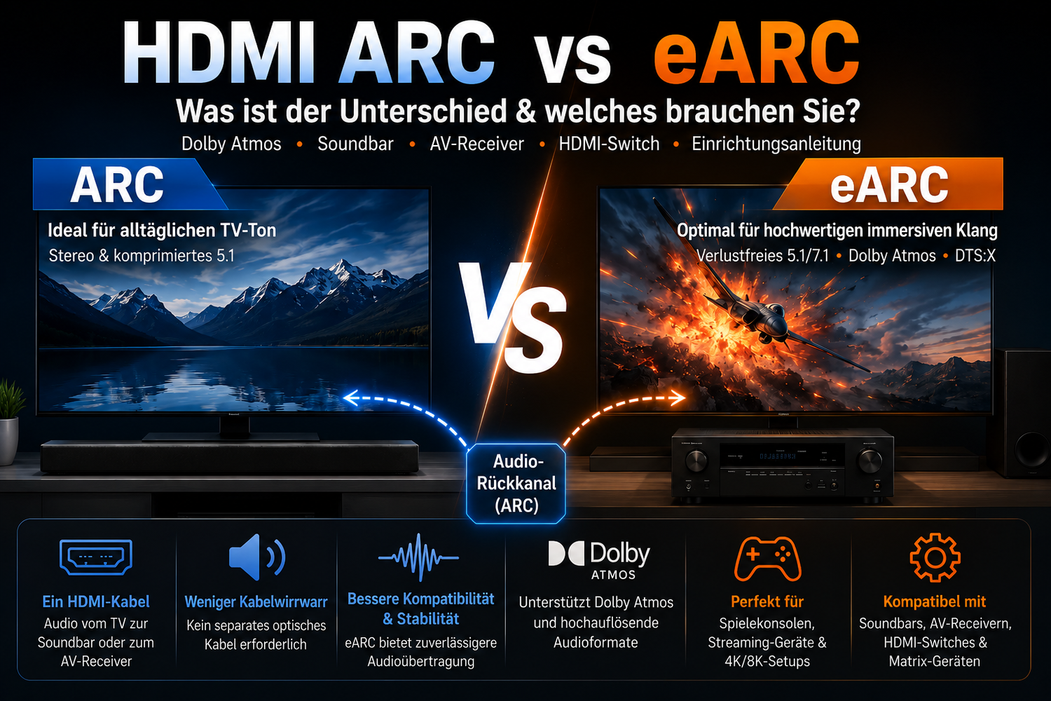 HDMI ARC vs. eARC erklärt: Soundbars, TVs, Dolby Atmos und HDMI-Switches