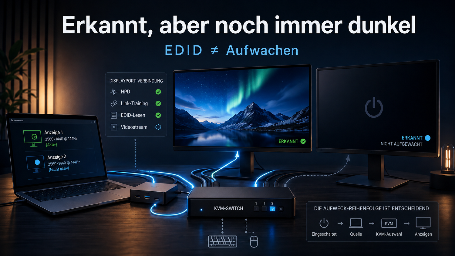 Warum Monitore nach dem KVM-Umschalten trotz EDID dunkel bleiben: DisplayPort-Reaktivierungsprobleme systematisch eingrenzen