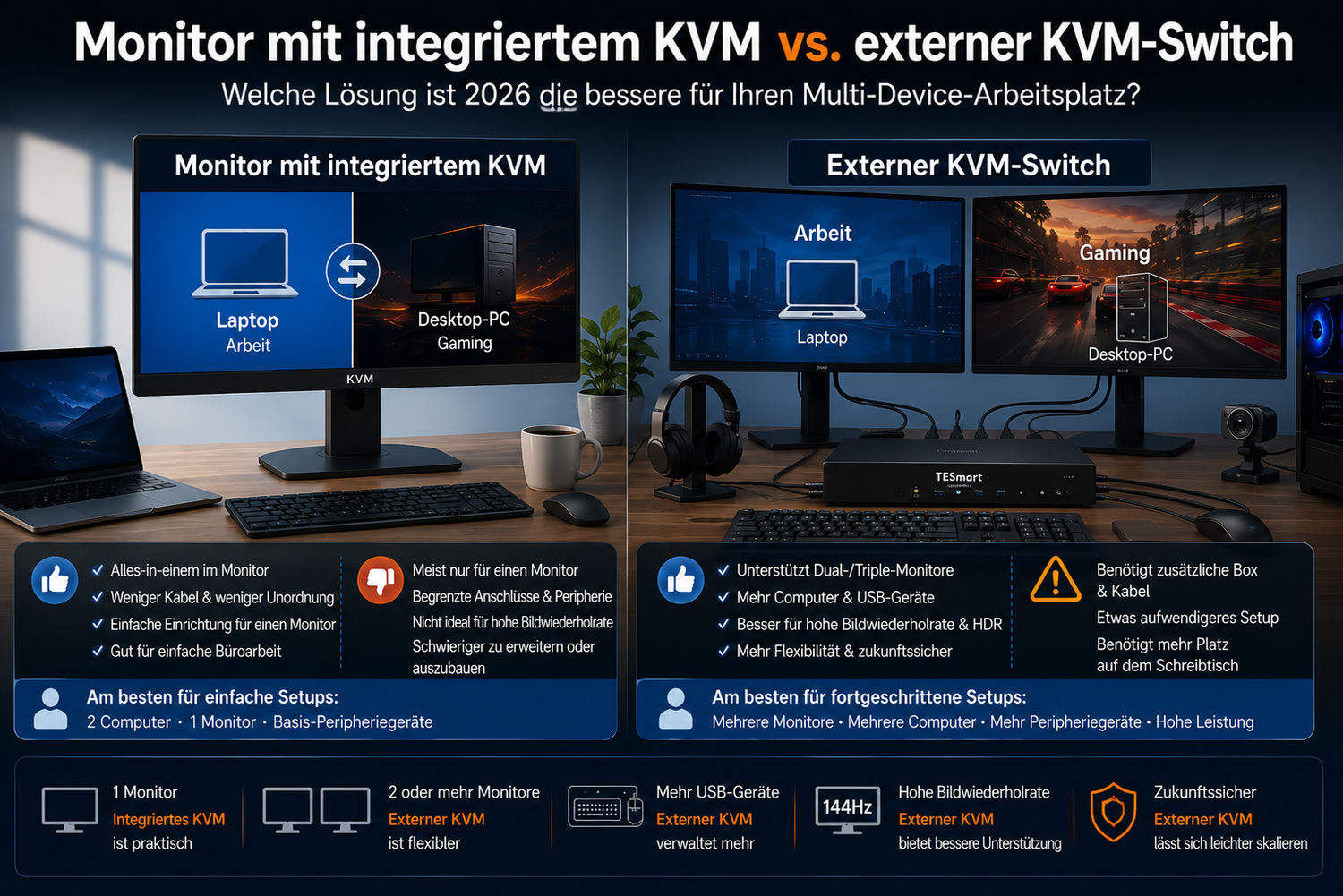 Integrierter Monitor-KVM vs. externer KVM-Switch: Vor- und Nachteile im Vergleich 2026