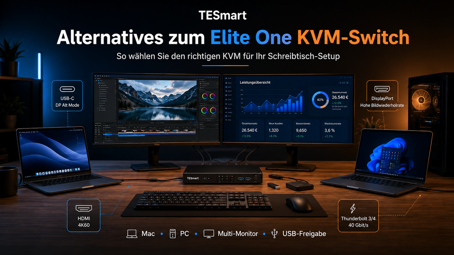 KVM-Switch-Alternative zu Elite One: Setup-Guide für MacBook, Windows-PC, Dual-Monitor- und Multi-Monitor-Desks