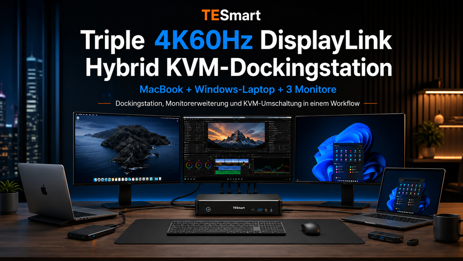 TESmart DisplayLink Hybrid-KVM-Dockingstation für Mac und PC: Triple 4K60Hz Multi-Monitor-Setup