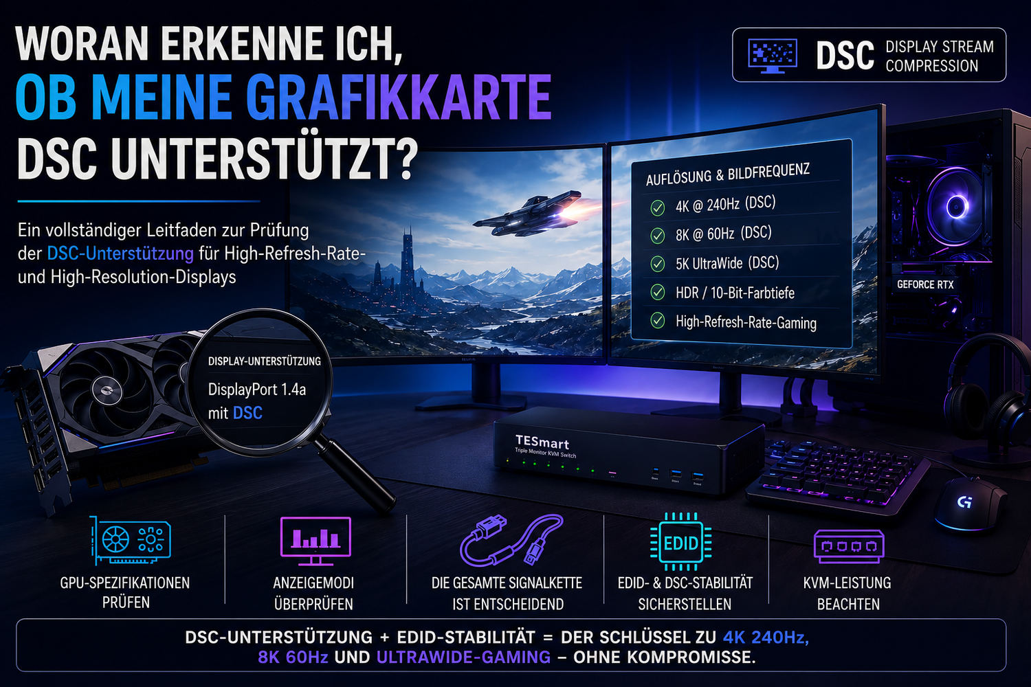 DSC-Unterstützung der Grafikkarte prüfen: GPU, DisplayPort, HDMI und KVM-Kompatibilität erklärt