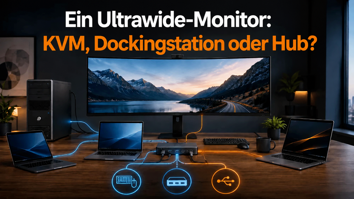 Ein Desktop-PC und mehrere USB-C-Laptops an einem Ultrawide-Monitor: KVM-Switch, Dockingstation oder USB-Hub?
